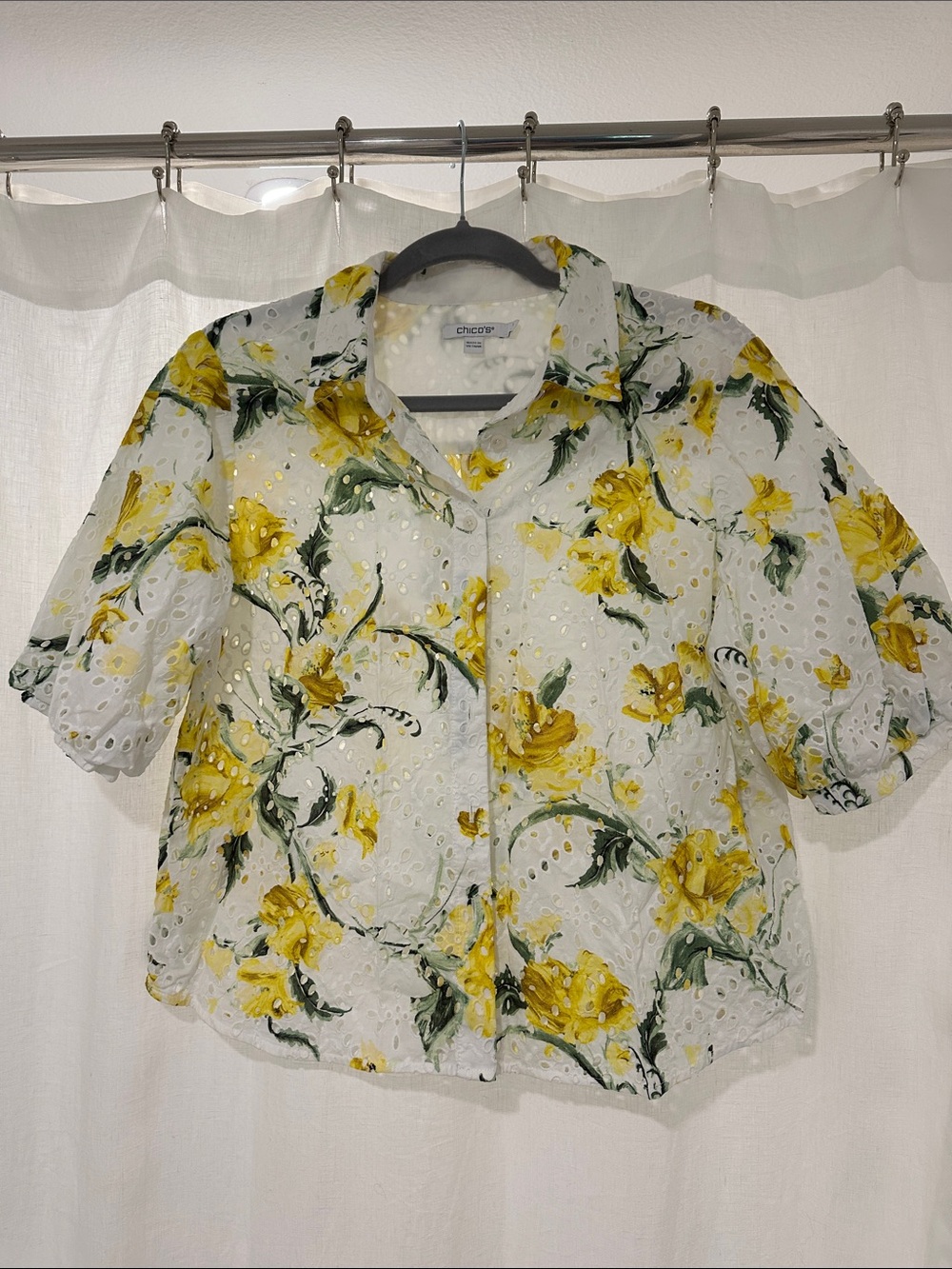 Chico's White Eyelet Button-Down with Yellow & Green Floral Print
